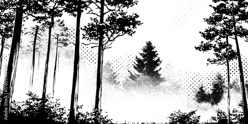 Black and white manga-style forest scene with trees and misty atmosphere for comic layout