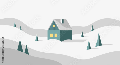 Cozy Teal House in Snowy Winter Landscape with Evergreen Trees, Flat Design Illustration