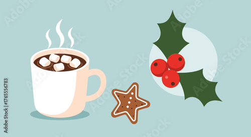 Cozy winter illustration of hot chocolate with marshmallows, a gingerbread cookie, and festive holly.