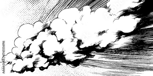 Dynamic black and white manga smoke illustration for comics and anime art