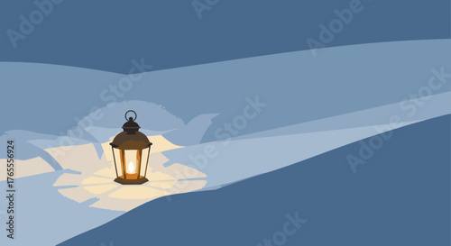 Illuminated Lantern in Snowy Landscape, Vector Illustration