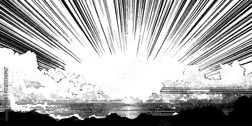Dynamic anime manga horizon with dramatic sunburst effect