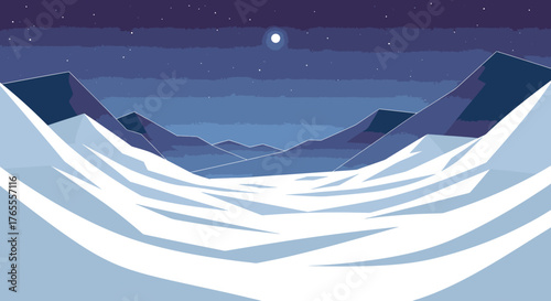 Snowy Mountain Landscape Under a Starry Night Sky with Full Moon