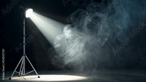 Spotlight beam slicing through smoky studio haze with dramatic light and tripod mounted cinematic beam creating theatrical smoky contrast