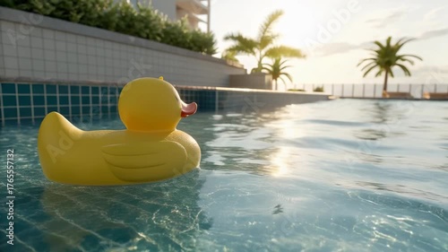 Yellow rubber duck flotation toy in sunny outdoor pool with palm tree reflections and sunlit terrace creating playful calm summer water mood