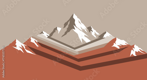 Stylized mountain range illustration with layered peaks and a minimalist, earthy color palette.
