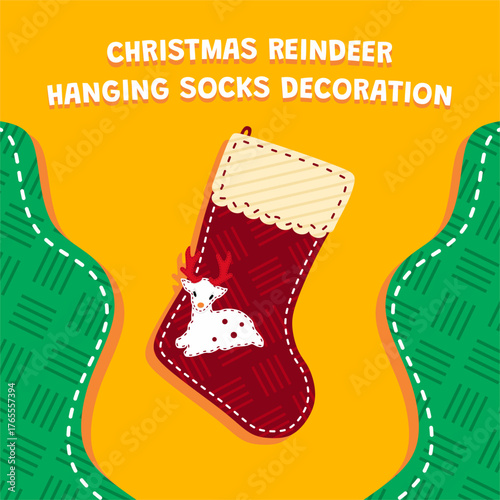 A colorful vector illustration of a red Christmas stocking with a cream cuff, decorated with a white applique of a reindeer.