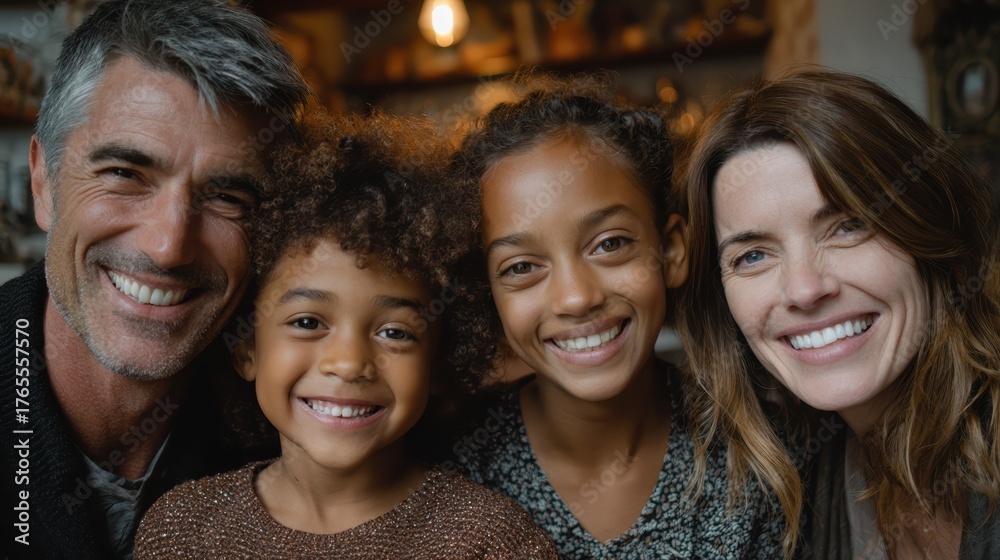 Obraz premium A close-up portrait of a happy, diverse family with two smiling girls and their loving parents, showcasing a warm, joyful, and multicultural home environment