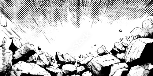 Dynamic shattered stone explosion in black and white anime manga style