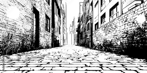 Black and white anime manga illustration of urban alley scene with brick buildings