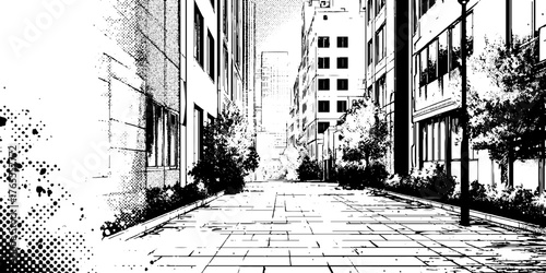 Monochrome urban alley scene with manga style illustration for comic design