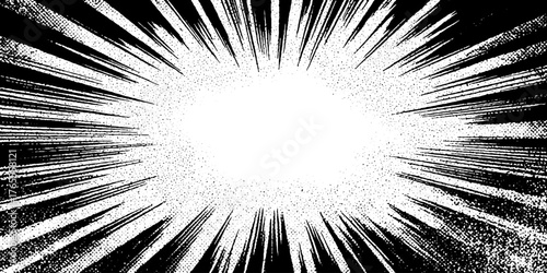 Dynamic black and white manga explosion with thick ink rays for comic design