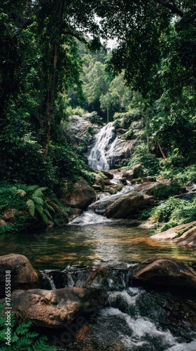 A serene waterfall cascades through lush greenery, creating a tranquil scene along a rocky riverbank surrounded by dense foliage.