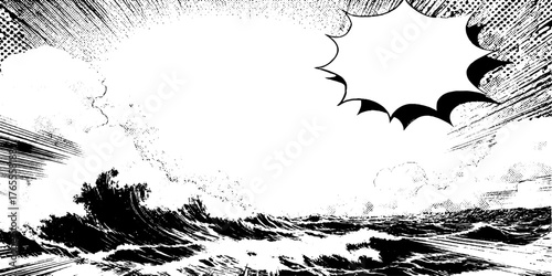 Dramatic ocean waves in black and white manga style with speech bubble for comic design