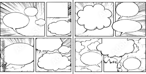 Monochrome manga comic page layout with vertical panels for creative design