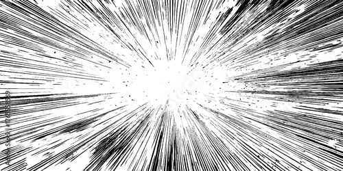 Dynamic energy burst with halftone effect in black and white manga style