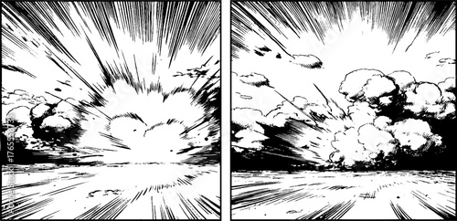 Dynamic black and white manga explosion scene for comic layout design