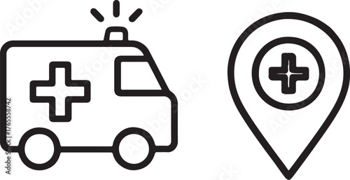 Ambulance and Emergency Hospital Location Line Icons