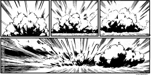 Explosive action in black and white manga sequential page with dynamic energy lines