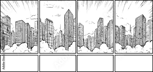Dynamic black and white manga layout featuring overlapping comic city panels