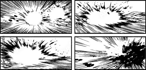 Dynamic manga panels with energy impact bursts for comic design