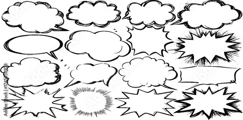 Black and white hand-drawn manga speech bubbles for anime and comic design