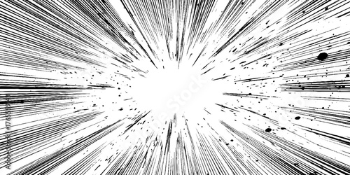 Dynamic black and white radial burst design with halftone gradient for comics and pop art