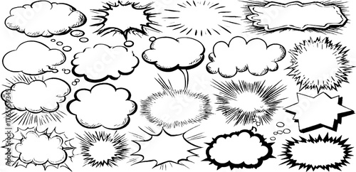 Collection of comic bubbles, thought clouds, and shout frames for creative design projects