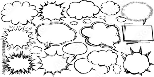 Collection of hand drawn manga dialogue bubbles for comic design and layout