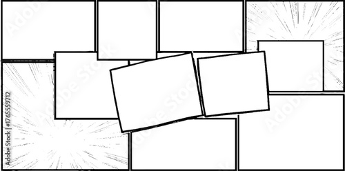 Dynamic comic storyboard layout with overlapping panels and speed line effects