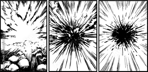 Dynamic comic storyboard depicting explosive energy burst for anime design