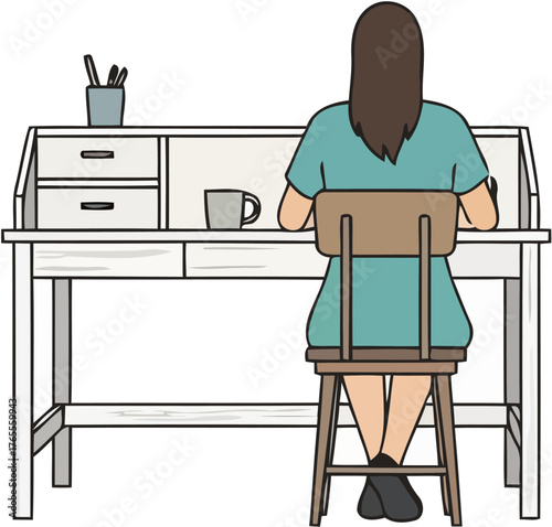 studying in weathered or whitewashed desk, vector art, flat design, clean outline, minimal flat color style, plain white background