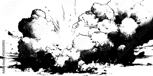 Dramatic ink explosion with layered clouds of smoke in manga style