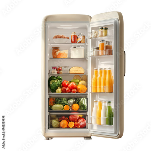 A modern open fridge isolated on white background