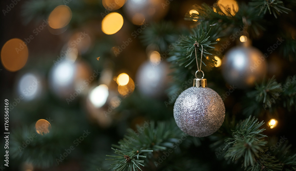 Obraz premium Close up of silver Christmas balls on a Christmas tree with bokeh background