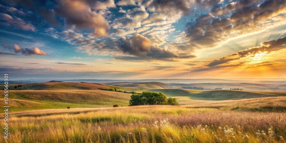 Fototapeta premium Golden Hour Serenity Rolling Hills Basking in the Warmth of a Sunset