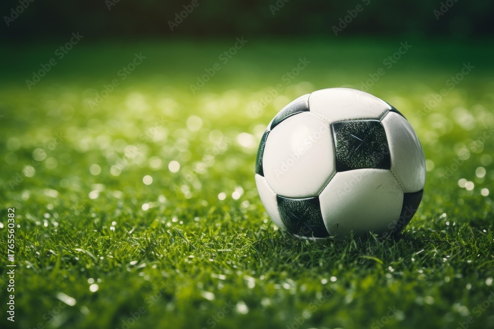 Fototapeta premium Soccer ball sitting on a vibrant green grass field, ready for a game