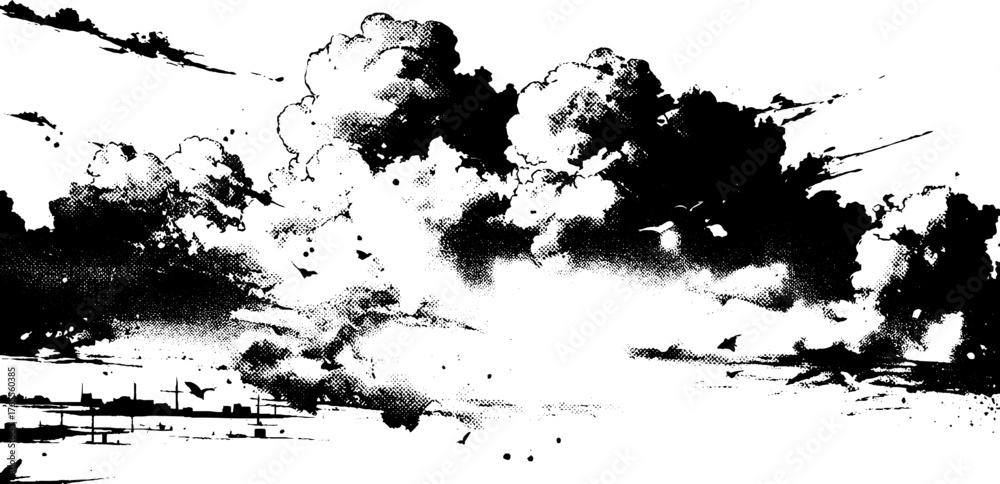 Naklejka premium Dramatic smoke clouds with halftone texture for comic or magazine design