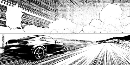 Dynamic manga scene featuring accelerated motion with car and speed lines