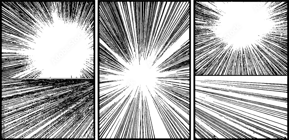 Obraz premium Dynamic manga energy line page design with layered panels and speed rays for print or poster