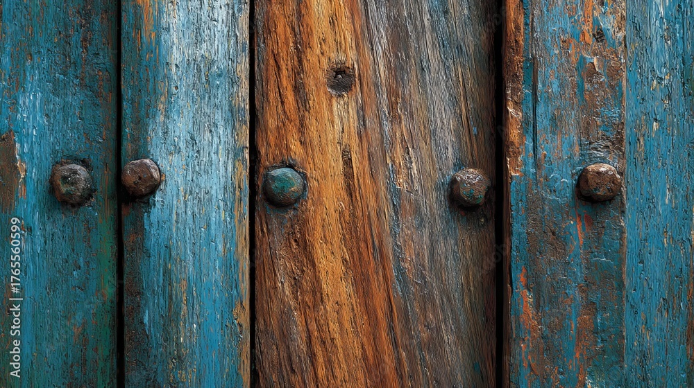 Fototapeta premium Rustic wooden door with weathered blue paint and aged iron bolts evokes vintage charm and timeless character for creative design projects