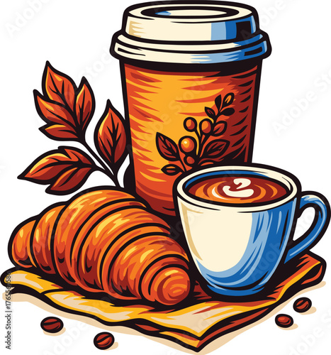Warm coffee and fresh croissant breakfast with autumn leaves background scene