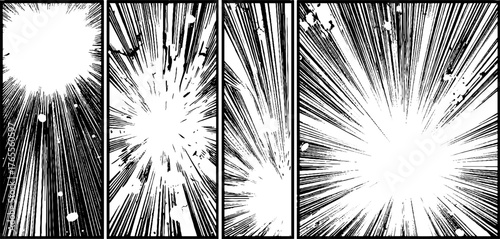 Dynamic comic page design featuring energetic speed lines and layered panels for anime art