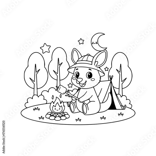 Cute Kangaroo Camping – Easy Toddler Coloring Page with Campfire, Tent, and Happy Forest Friends generative ai 