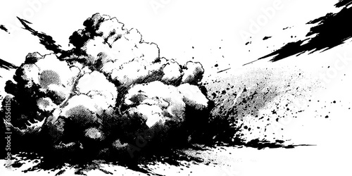 Dynamic ink burst with expanding smoky clouds in manga style for comic art