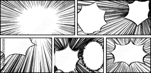 Dynamic comic panels with manga speed line backgrounds for anime and cartoon design