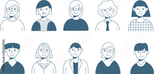 Diverse group of minimalist business avatars in blue line art style