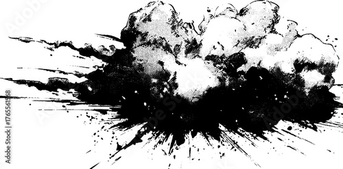 Dynamic black ink explosion with thick smoke effect in manga style for comics
