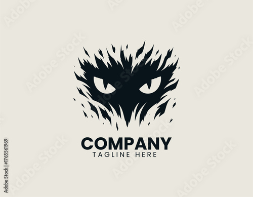 Aggressive monster black silhouette vector illustration with glowing red eyes ripping through white background with sharp claws