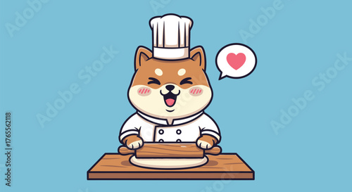 A cute Shiba Inu dog dressed as a chef happily rolls dough with a rolling pin.